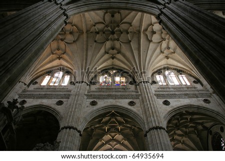 Interior, ceiling of Salamanca cathedral in Spain. Beautiful old church.