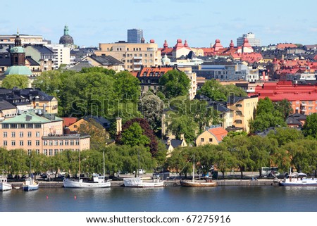 Stockholm, Sweden. Skyline of Kungsholmen island seen from Sodermalm island, across Riddarfjarden channel.