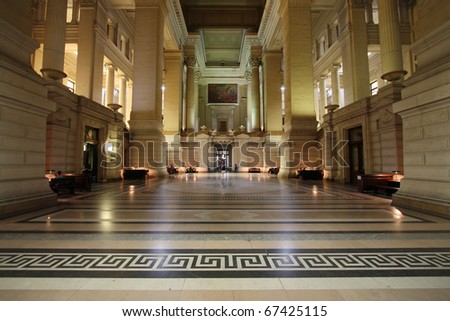 Monumental architecture landmark in Brussels, Belgium. Justice Palace (Palais de Justice). Eclectic and neoclassical style building serves as headquarters of several important law courts.