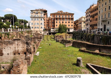 Rome, Italy. Ancient Roman ruins of Ludus Magnus - historic gladiator school.