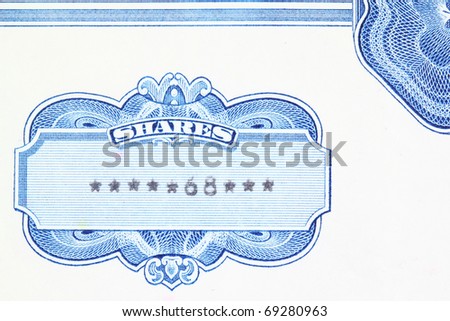 68 shares - close up of a old stock market object. Obsolete corporate shares certificate.