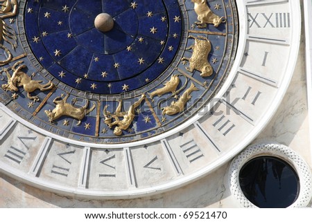 Old astronomic clock detail in Venice, Italy. UNESCO World Heritage Site.