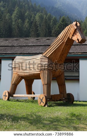 Trojan horse replica in Italy. Wooden military machine. Symbol of treachery and deception.