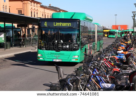 stock photo MALMO MARCH 8 MAN bus and bicycles on March 8