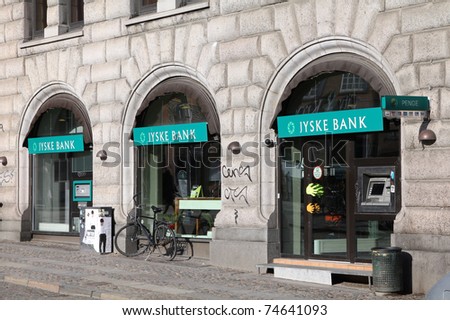 COPENHAGEN - MARCH 11: Jyske Bank branch on March 11, 2011 in Copenhagen, Denmark. JB recently announced 757 million DKK of profit for 2010 (61% growth). It is 3rd largest in Denmark (market share)