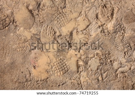 Shoe prints in the mud. Muddy soil shoeprint.