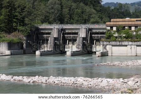 Hydro power plant on Salzach river in Schwarzach im Pongau, Austria. Concrete dam.