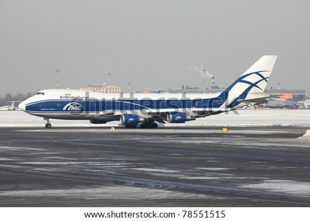 MOSCOW - FEBRUARY 28: Air Bridge Cargo Boeing 747 taxiing on February 27, 2011 in Moscow Sheremetyevo Airport, Russia. Boeing 747 is one of most successful cargo aircraft ever.