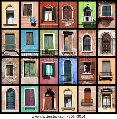 Windows of Venice, Italy. Colorful collage composition.