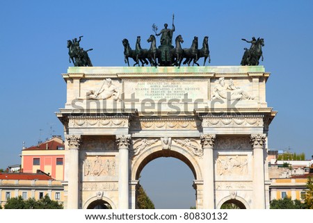 Milan in Italy. Arco della Pace (Arch of Peace) in Sempione Park.