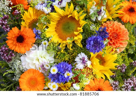 Colorful flowers composition at a marketplace in Mainz, Germany