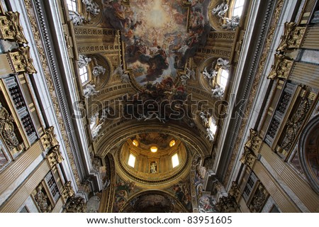 Rome, Italy. Famous painting in the ceiling of Gesu Church (Chiesa del Gesu) - Triumph of the Name of Jesus, by Giovanni Battista Gaulli