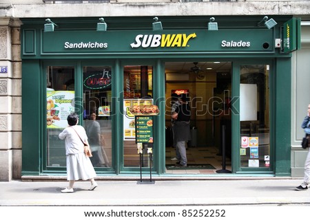 PARIS - JULY 24: Subway fast food on July 24, 2011 in Paris, France. At the end of 2010 Subway surpassed McDonald\'s as global fast food leader with 33,749 restaurants.