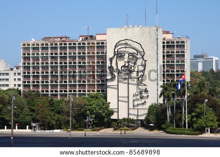HAVANA - FEBRUARY 26: Che Guevara steel outline on Ministry of Interior on February 26, 2011 in Havana, Cuba. The iconic building at Revolution Square is among most recognizable in Cuba.