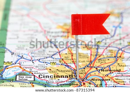 Cincinnati, Ohio. Red flag pin in an old map showing travel destination.