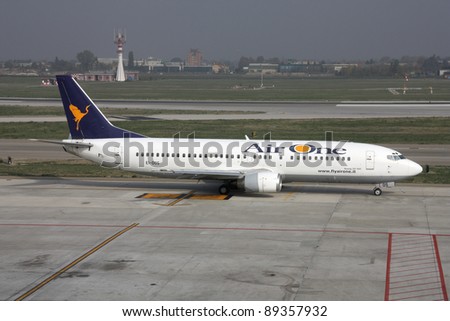 BOLOGNA, ITALY - OCTOBER 29: Boeing 737 of Air One on October 29, 2009 at Bologna Airport in Bologna, Italy. Boeing recently (Nov 2011) announced its best sales week ever with orders for 359 airplanes.
