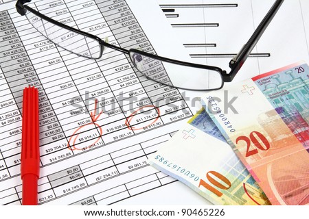Business composition. Financial analysis - income statement, finance graphs, Swiss frank money and glasses.