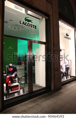MILAN - OCTOBER 5: Lacoste store on October 5, 2010 in Milan. Lacoste, French high-end apparel chain company was founded in 1933. In 2005, almost 50 million Lacoste products sold in over 110 countries