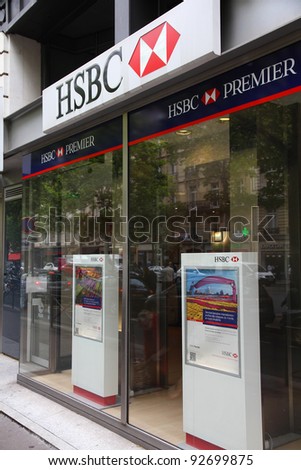 PARIS - JULY 21: HSBC Bank branch on July 21, 2011 in Paris, France. As of 2011 it is the world\'s second-largest banking and financial services group. HSBC exists since 1865.