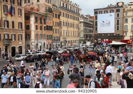 ROME - MAY 12: Tourists visit Spanish Square on May 12, 2010 in Rome, Italy. According to Euromonitor\'s Ranking, Rome is the 3rd most visited city in Europe (5.5m int\'l tourist arrivals 2009)