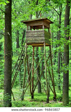 Poland - hunting blind box in forest in Goluchow. Greater Poland province (Wielkopolska).