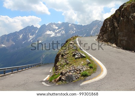 Italy, Stelvio National Park. Famous road to Gavia Pass in Ortler Alps. Alpine landscape.