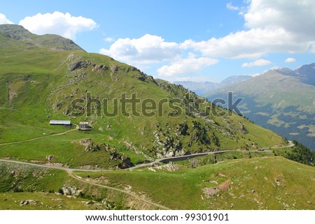 Italy, Stelvio National Park. Road to Bormio in Ortler Alps. Alpine landscape.