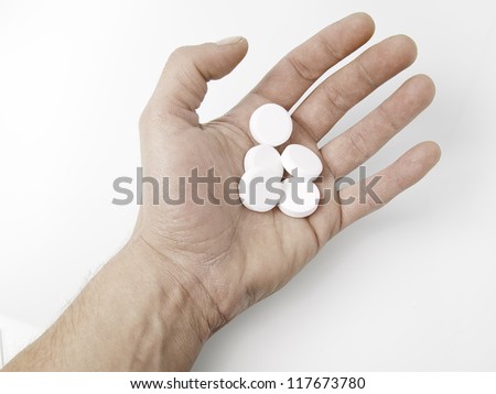Pills in hand, detail of a hand with pills, drugs