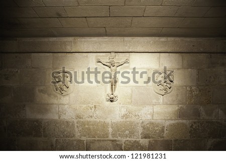 Jesus on the wall, in a crypt religious detail, belief