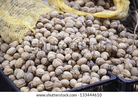 Fresh walnuts, nut detail in the market, food healthy life
