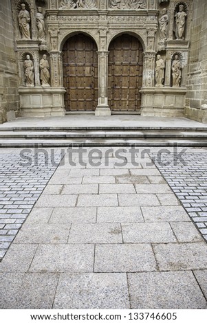 Gothic church door, detail of ancient Christian church, religious monument, urban tourism
