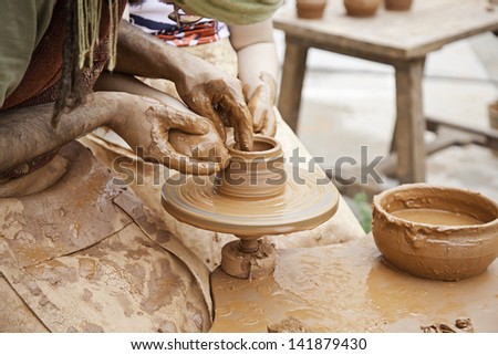 Hands of potter, detail of a craftsman shaping the mud, Spanish traditional art