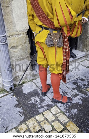 Old medieval warrior, detail of ancient warrior costume and weapons in a recreation