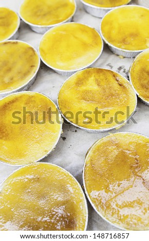 Traditional yellow cake, detail of a classic egg tarts handmade, fresh and healthy food