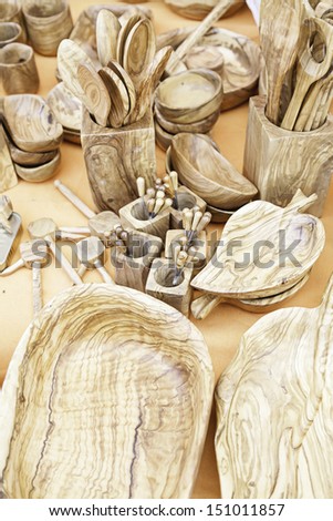 Olive wood objects, detail of handmade tools wood, wood carving
