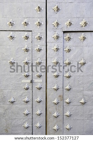 Old metal door, detail of an old decoration in a closed door, steel and protection