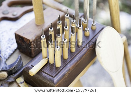 Steel and wood gouges, detail of a woodworking tools, carpentry and carving
