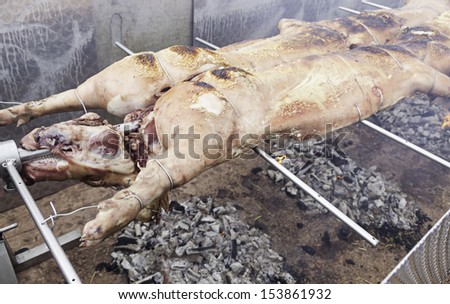 Roasted pork on the grill, cooking detail as a pig and its meat, fat rich food, healthy food