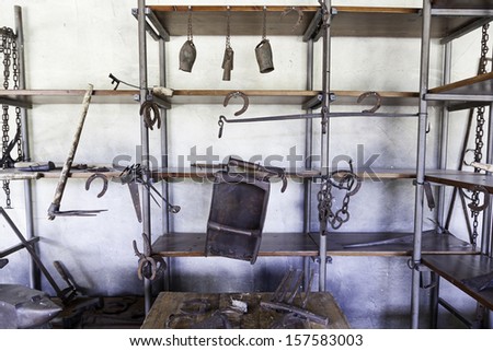 Tools of a former forge metal, detail of an old classic metal forging, metal fabrication