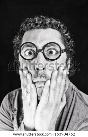 Adult Man With Glasses And A Look Of Surprise, Closeup Of A Surprised Boy, Fun And Exploration