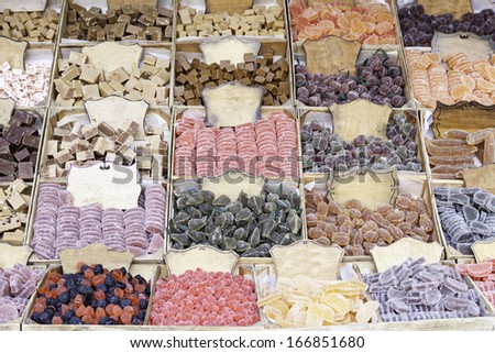 Jelly beans and candy store, detail of a market selling trinkets and candy, sugar and diet