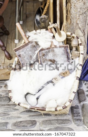 Traditional wool and tools, object detail and care to treat wool, ancient art