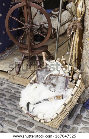 Traditional wool and tools, object detail and care to treat wool, ancient art