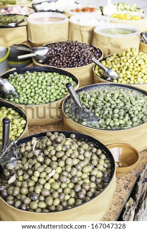 Olives in a Market, detail of a typical Spanish food product, health food, diet