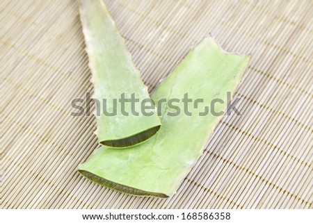 Pieces of aloe vera cut bamboo detail of a plant natural medicine, take care of the skin, beauty
