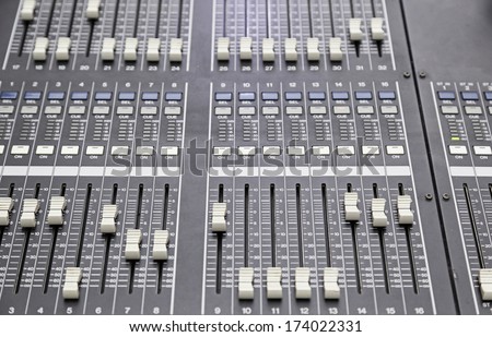 Professional mixer, detail of a device for concerts, professional music control, volume and music