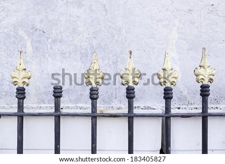 Gold painted metal gates, metal railings detail of a painted and decorated, safety and security