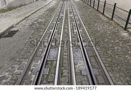 Tram tracks in the city, a detail metal rails for the tram, urban transport