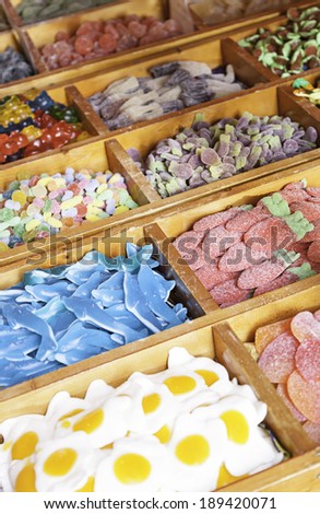 Gummy candy in the market, artisan detail gummy in a typical Spanish market, fresh food, sugar