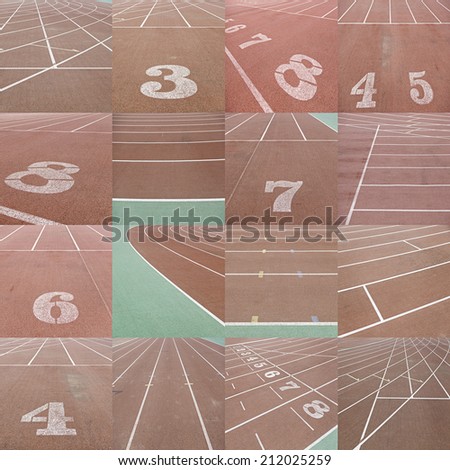 Collage of running tracks, detailed images of a running track, textured background